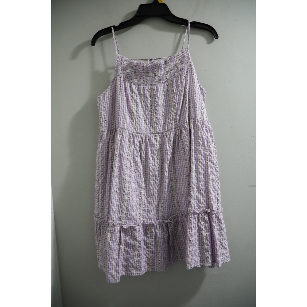 Altar'd State Purple Gingham‎ Smocked Tiered Mini Dress Floral Embroidery Small